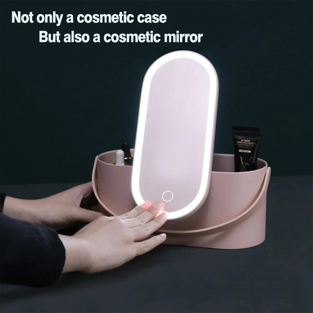 Makeup Organizer Box with LED Light Mirror Portable Travel Makeup Cosmetics